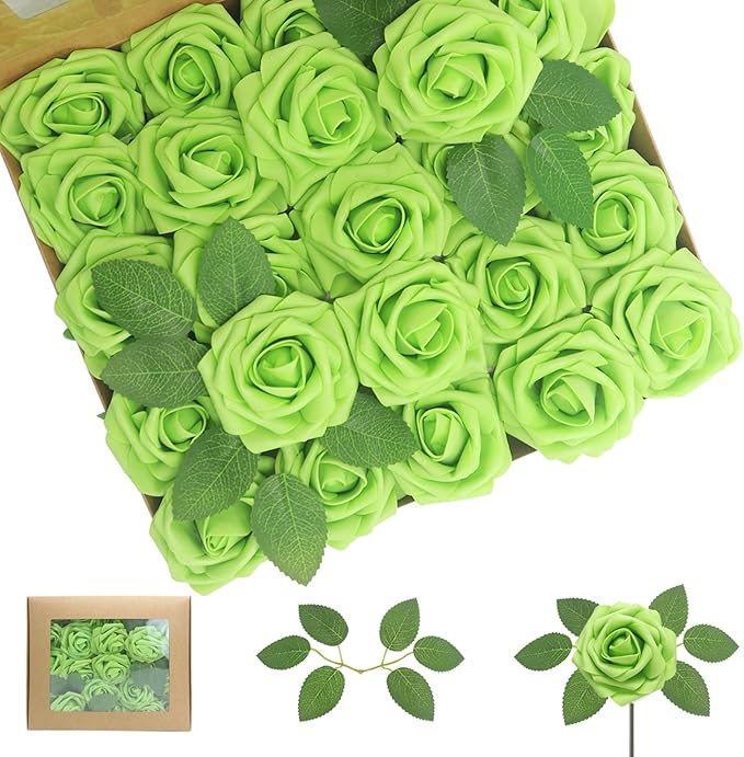 100Pcs Green Artificial Flowers Roses Real Looking Foam Fake Roses with Leaves for DIY Wedding Bouquets Bridal Shower Centerpieces Party Decorations (Green, 100)