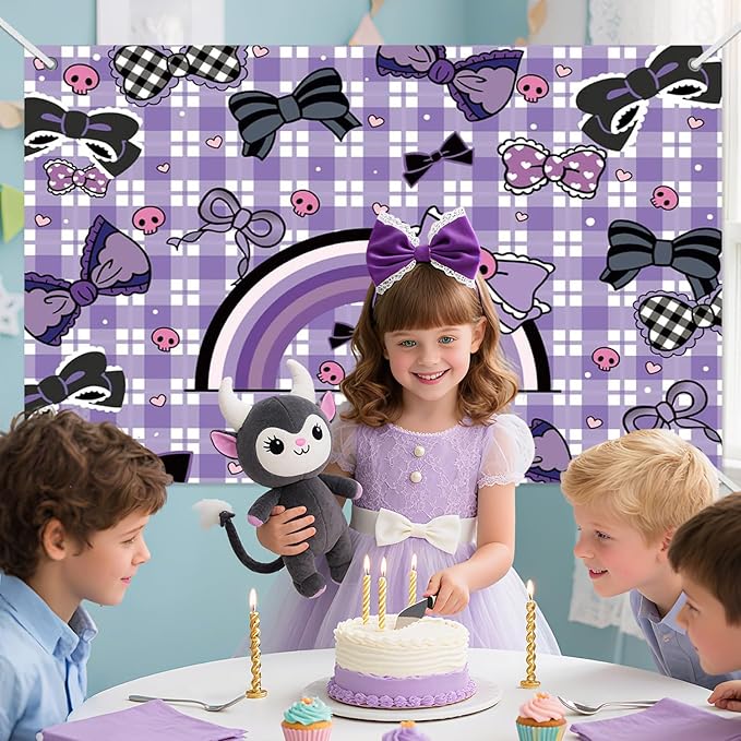 3x5ft Cartoon Purple Birthday Backdrop, Happy Birthday Decoration Background, Cute Rabbit Bow Theme Party Supplies Outdoor Indoor Photo Banner