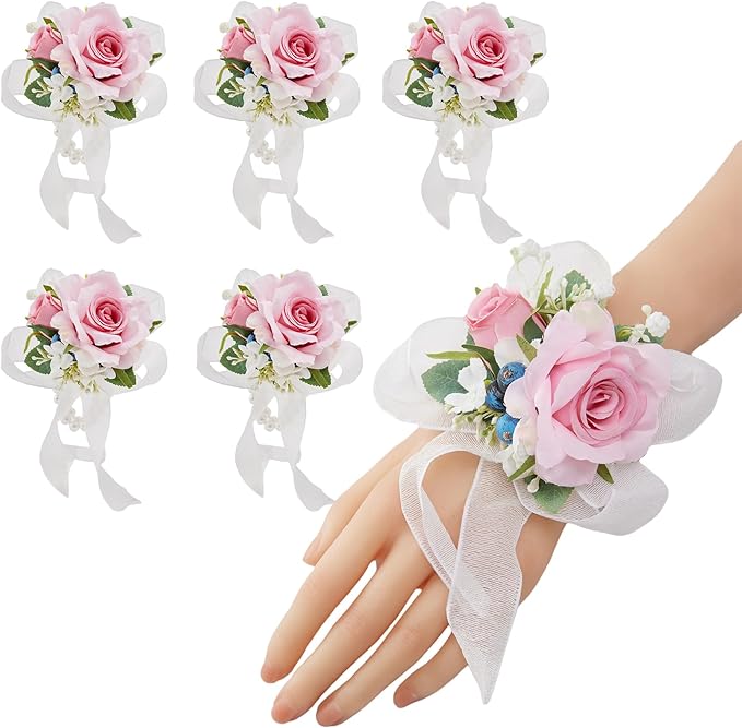 Meldel Pink Wrist Corsage for Wedding Bride Bridesmaids Bridal Shower, Set of 6, Corsages for Prom Suit Accessories, Mother of Bride and Groom, Wrist flower for Party Suit Decoration Ceremony