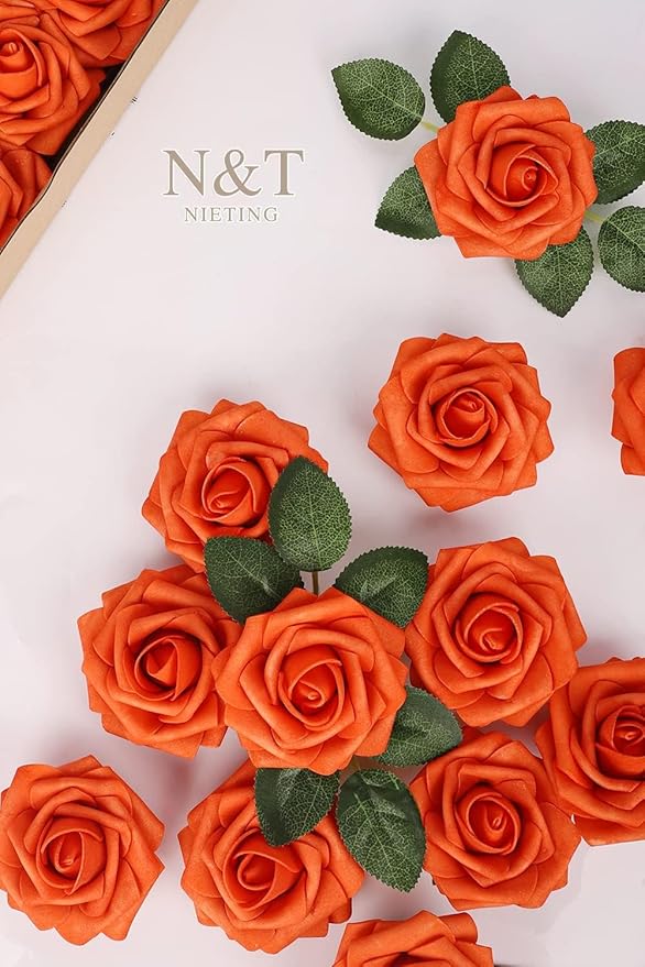 N&T NIETING Artificial Fall Flowers Fake Flowers Orange Roses Perfect for DIY Wedding Bridal Bouquets Centerpieces Bridal Shower Party Home Flower Arrangement Thanksgiving Decorations, 25Pcs