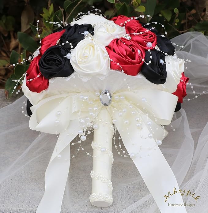 Bridal Wedding Bouquet Round Bling Brooch Bouquet Throw Toss Artificial Rose Flower Bunch for Bride Bridesmaid Wedding Quinceanera(Ruby Red, Black & Ivory, 8.7")