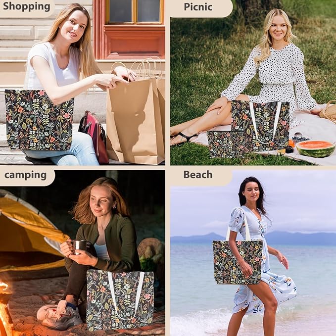 Aesthetic Floral Tote Bag Makeup Bag Flower Decor Gifts for Girls Christmas Shopping Grocery Bags Cosmetic Bags