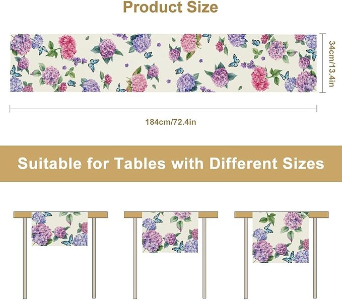 Hydrangea Table Runner, Spring Summer Watercolor Purple Floral Seasonal Country Farmhouse Coffee Table Center Decor for Home Kitchen Dining Patio Holiday Party Table Decorations 13x36 inches