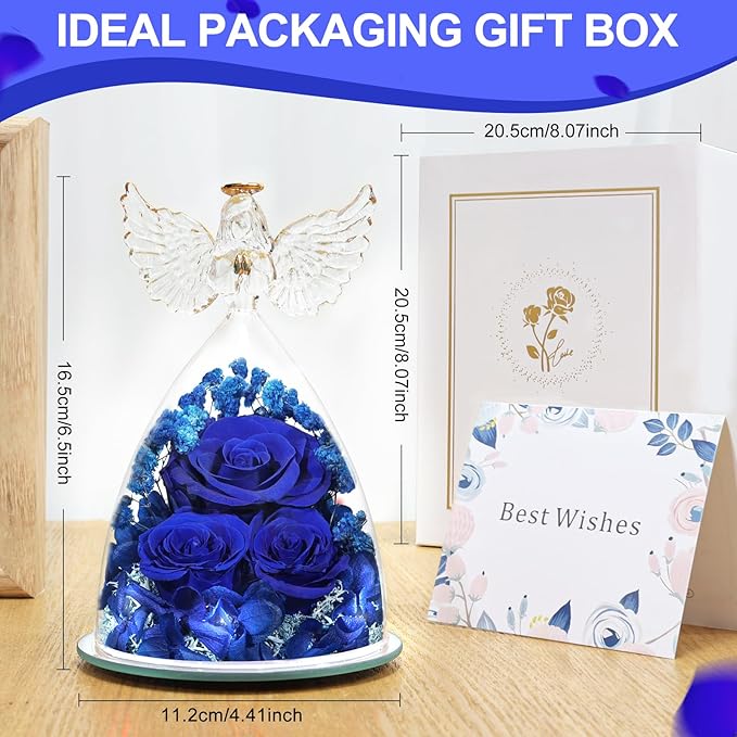 FIACO Preserved Flower Rose Gifts for Women, Forever Eternal Fresh Flowers in Glass Angel Figurines Flowers for Delivery for Grandma Mom Sister Her Wife on Mothers Day Birthday Christmas