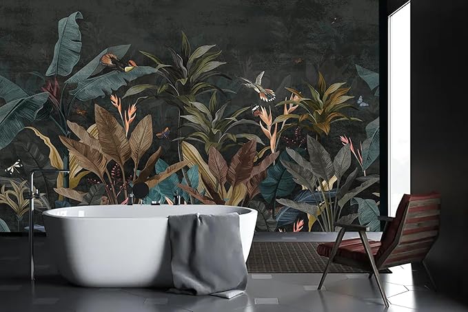 Tropical Botanical Wallpaper Dark Jungle Plant Leaf Wall Mural for Living Room Bedroom（Not Peel and Stick）