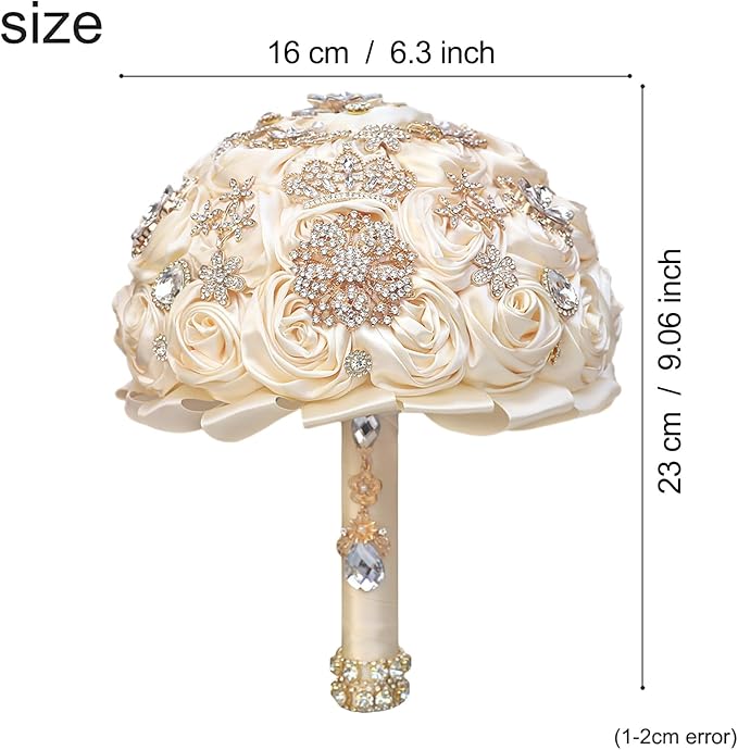 Handmade Satin Rose Floral Bling Pearl Decor Bridal Wedding Bouquet Rhinestone Pendant Artificial Brooch Flowers for Bride Bridesmaid Quinceanera