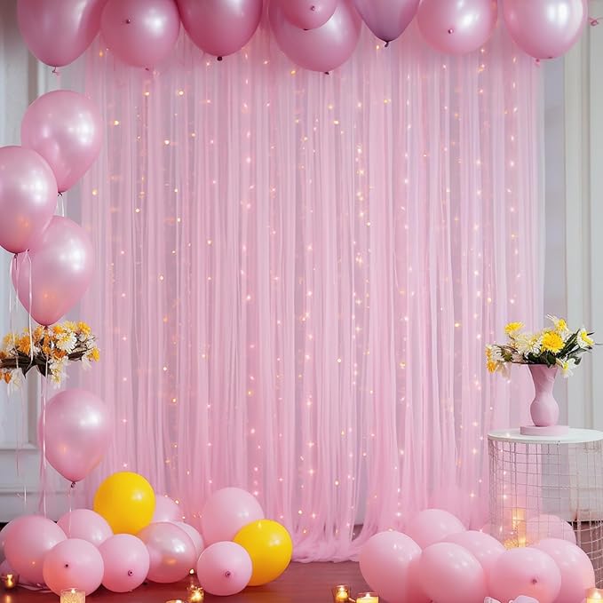 10ft x 10ft Pink Backdrop Curtain with Lights String for Parties, Sheer Tulle Wedding Photo Backdrops Drapes for Baby Shower Birthday Party Decorations Background for Photography