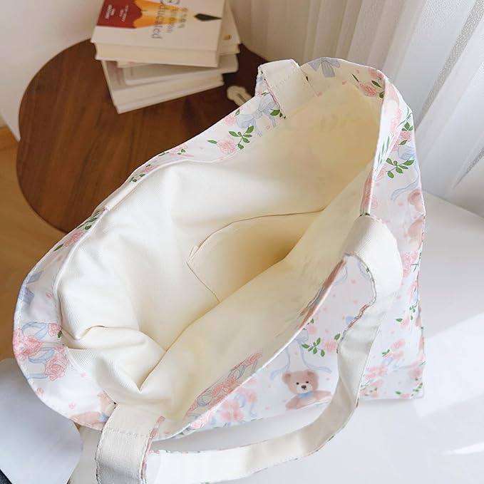 Cotton Canvas Tote Bag Reusable Soft Grocery Cloth Bag Floral Shoulder Bag for Beach Travel Shopping