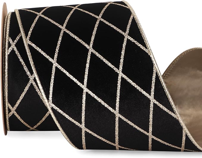 Ribbli Black Velvet Ribbon Wired with Glitter Diamond Grid 4 Inch Christmas Ribbon for Christmas Tree Decoration Big Bow Gift Wrapping Crafts Wreaths Garland Supplies - 10 Yards