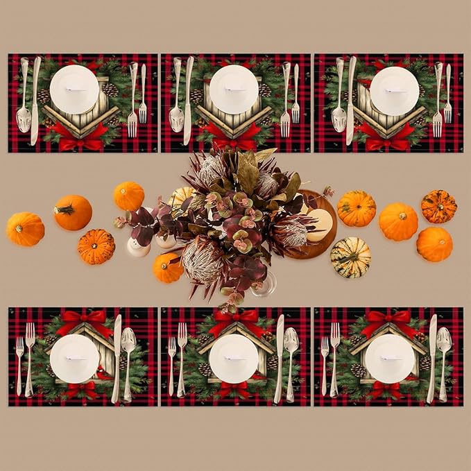 Christmas Art Waffle Cardinal Placemats Set of 6 PVC Vinyl Non Slip Table Mats Heat Resistant Place Mats Washable Wipeable Dining Table Mat for Kitchen Decor Party Indoor Outdoor Decorative Gift