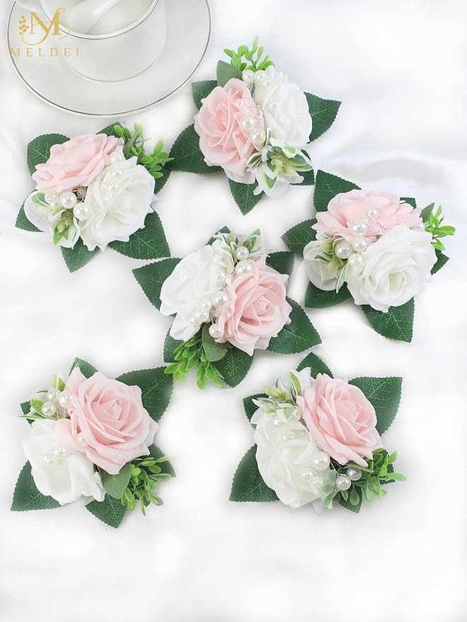 Meldel Pink&White Boutonniere for Men Wedding, Set of 6,Elegant Pearls Rose Boutonniere for Groom Groomsman Prom,Homecoming,Anniversary,Party,Prom Flowers and Vintage Wedding