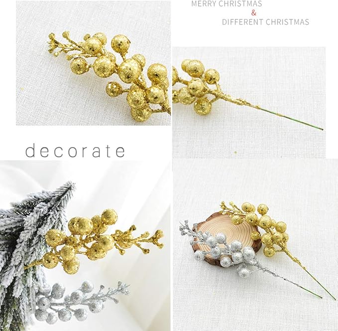 14 Pack Christmas Glitter Berries Stems, 7.8Inch Artificial Christmas Picks for Christmas Tree Ornaments, DIY Xmas Wreath, Crafts, Holiday and Home Decor, Gold