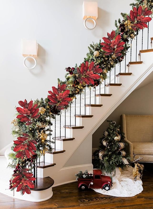 31" Burgundy Christmas Glitter Leaves Spray, Artificial Glitter Long Stems Christmas Tree Picks and Sprays Christmas Decoration Picks Xmas Tree Garland Wreath Autumn Winter Home