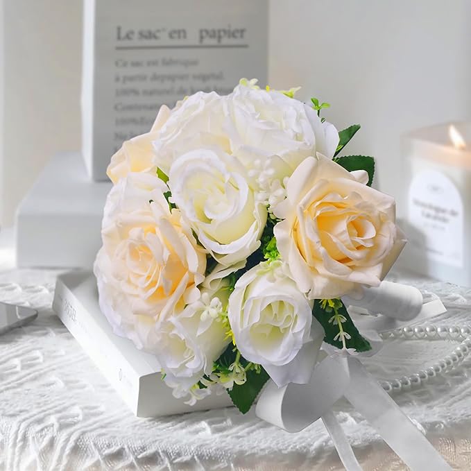 Wedding Bouquets for Bride - Realistic Silk Flowers Artificial Roses, 8 Inch Bridesmaid Bouquet for Ceremony, Church, Anniversary, and Home Decoration (White & Champagne)