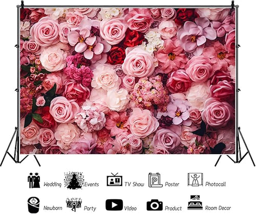 10x6.5ft Flower Backdrop Pink Red Rose Flowers Floral Wall Photography Background Birthday Baby Shower Wedding Party Banner Decorations Supplies Photo Booth Props