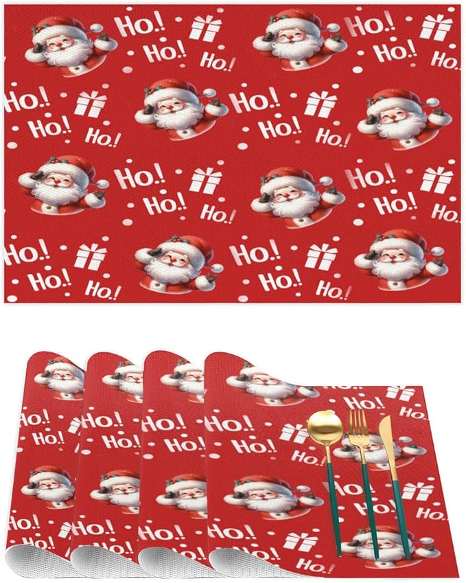 Christmas Xmas Ho Santa Claus Placemats Set of 4 PVC Vinyl Non Slip Table Mats Heat Resistant Place Mats Washable Wipeable Dining Table Mat for Kitchen Decor Party Indoor Outdoor Decorative Gift