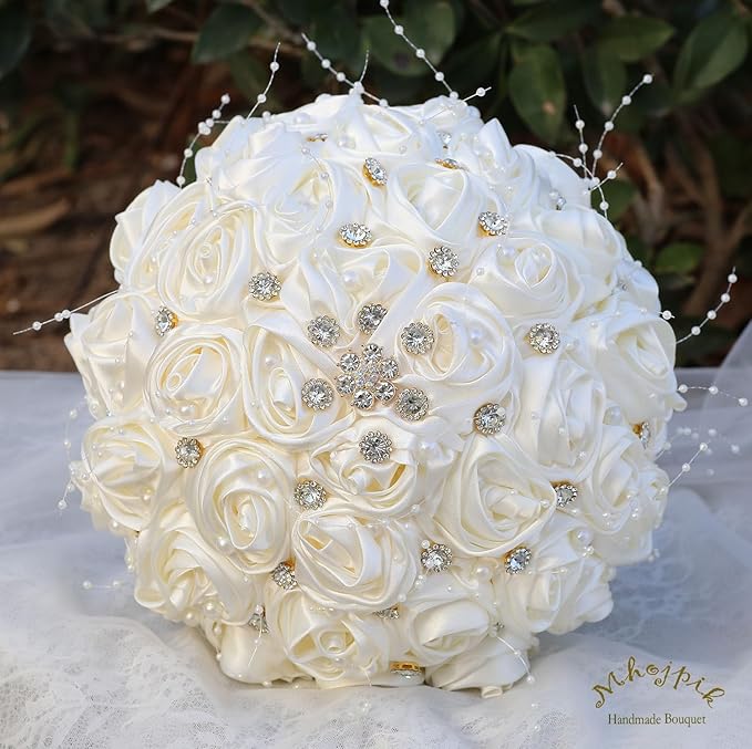 Bridal Wedding Bouquet Round Bling Brooch Bouquet Throw Toss Artificial Rose Flower Bunch for Bride Bridesmaid Wedding Quinceanera(Ivory, 7.5")