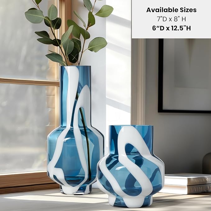 Torre & Tagus Mouth Blown Blue Art Glass Vase with White Swirls - 12" Tall Decorative Vase for Modern or Coastal Home Decor, Living Room, or Bedroom