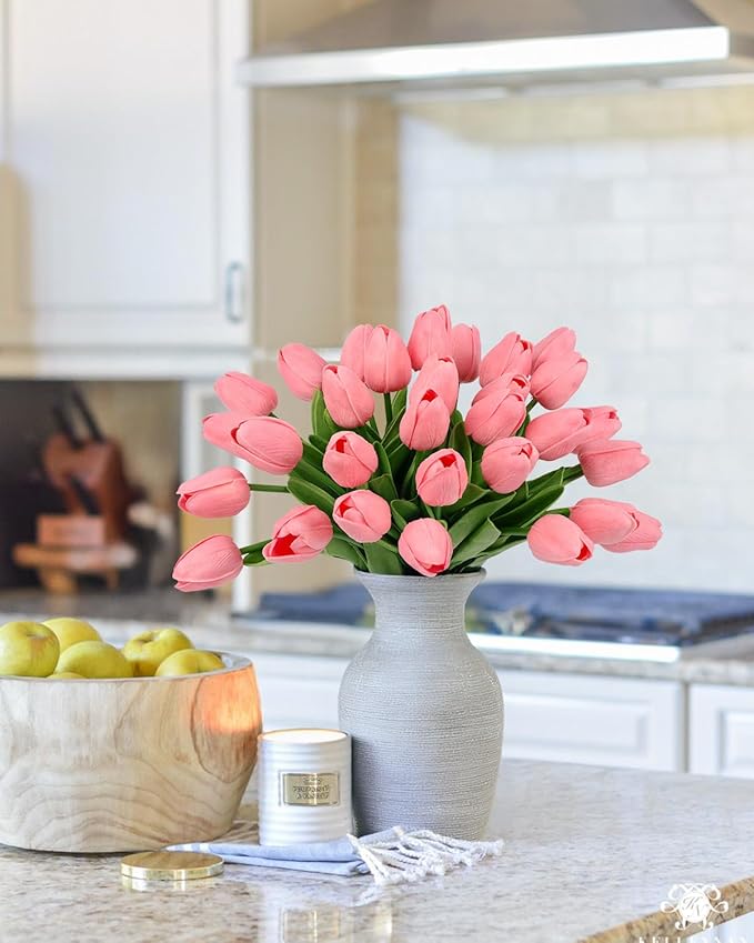 MACTING 30 PCS Artificial Tulip Flowers 13.7" Real Touch Fake PU Tulips Bouquet Faux Pink Flowers for Floral Arrangements Table Centerpieces Kitchen Home Indoor Outdoor Summer Decorations