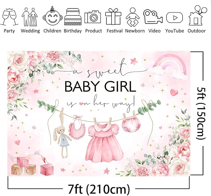 Mocsicka Pink Floral Baby Shower Backdrop for Girls - Blush Pink Girls Dress Background - It's a Girl Sweet Baby Girl Shower Decorations Banner Photo Booth Props (7x5ft)