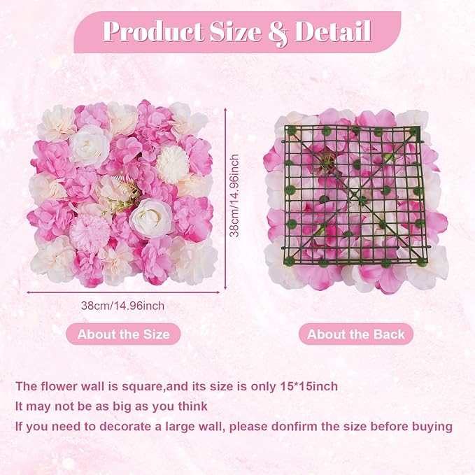 12Pcs Artificial Flower Wall Panel 3D Floral Backdrop Wall 15" X 15" Flower Wall Decor Panel Flower Wall Backdrop Faux Flower Panel for Party Home Background Decor, Pink
