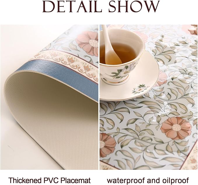 patdrea French Floral Rectangular PVC Placemats, Pack of 6, Waterproof Insulation, Soft and Durable, Suitable for Dining Table, Kitchen and Coffee Table Decoration,12"*17"
