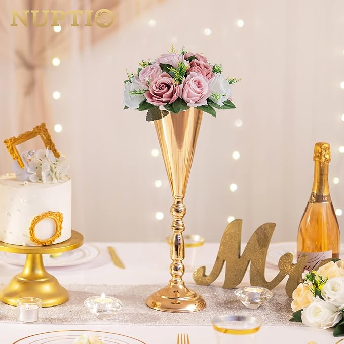 2 Pcs Tabletop Metal Wedding Flower Trumpet Vase, 16.5 inch Tall Table Decorative Centerpiece, Artificial Flower Arrangements for Anniversary Ceremony Party Birthday Event Aisle Home Decoration (Gold)