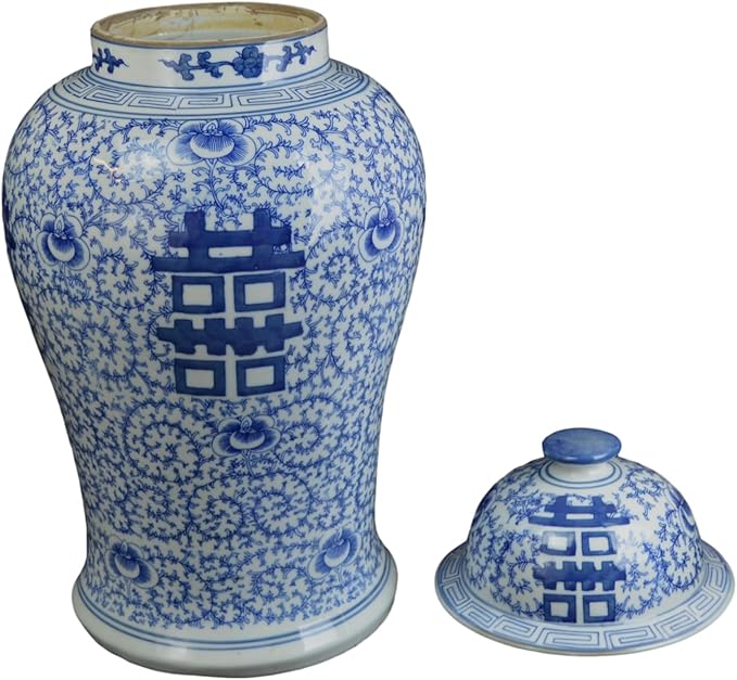 19" Antique Like Finish Blue and White Ginger Jars Porcelain Temple Ceramic Ginger Jar Vase, Double Happiness China Ming Style, Jingdezhen(L16)