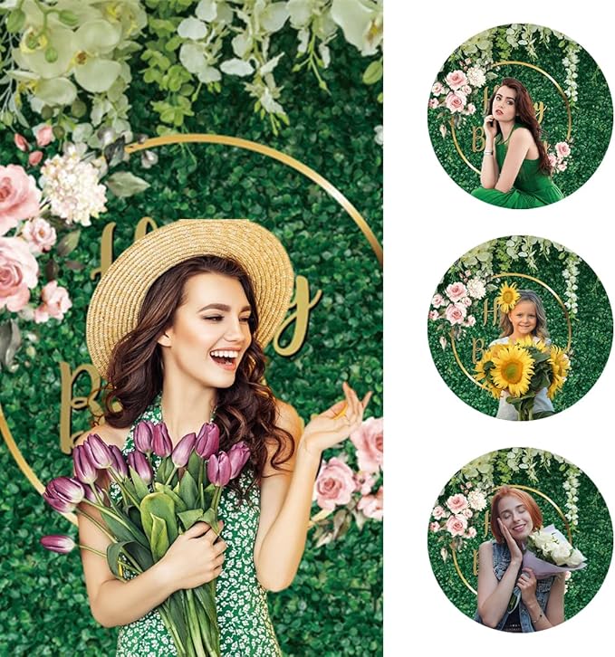 5x3ft Happy Birthday Backdrop Green Grass Flowers Wall Greenery Green Leaves Nature Botanical Photography Background Birthday Party Anniversary Portrait Studio Photo Props Polyester