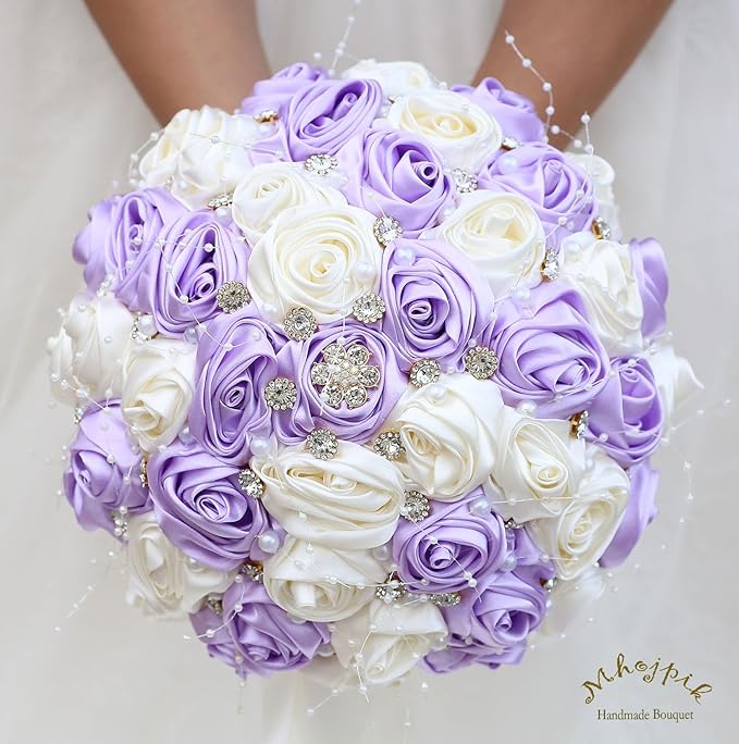 Bridal Wedding Bouquet Round Bling Brooch Bouquet Throw Toss Artificial Rose Flower Bunch for Bride Bridesmaid Wedding Quinceanera(Light Purple & Ivory, 6.3")