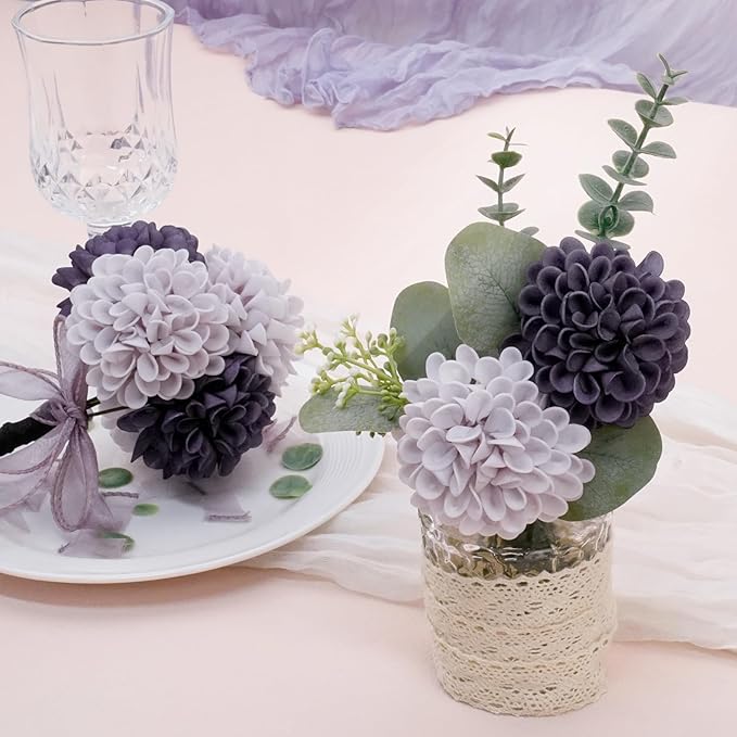 Artificial Flowers, 100pcs Realistic Artificial Rose for DIY Wedding Bouquets Centerpieces Arrangements, Dark Purple and Light Purple Dahlia Flowers with Stem for Bridal Shower Party Home Decorations