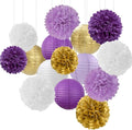 Purple White-Gold Party-Decorations Paper Flowers Lanterns - 15PCS Graduation Lavender Tissue Pom Poms Streamers,Wedding Birthday Bachelorette Baby Shower Classroom Hanging Supplies Decor Hugfond