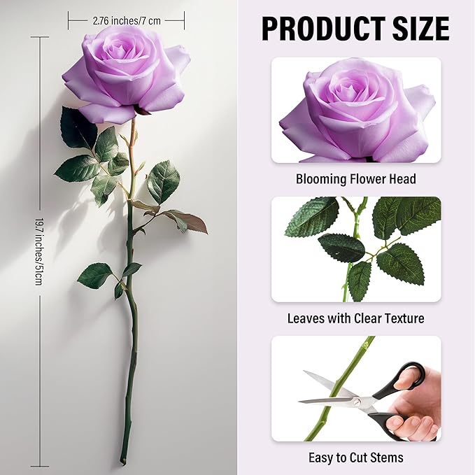 20PCS Artificial Roses with Long Stems - Realistic Silk Flowers, Fake Roses Real Touch Bouquet Roses for Home Decor, Bridal Wedding Table Centerpieces, Faux Rose Flowers (Pink Purple)