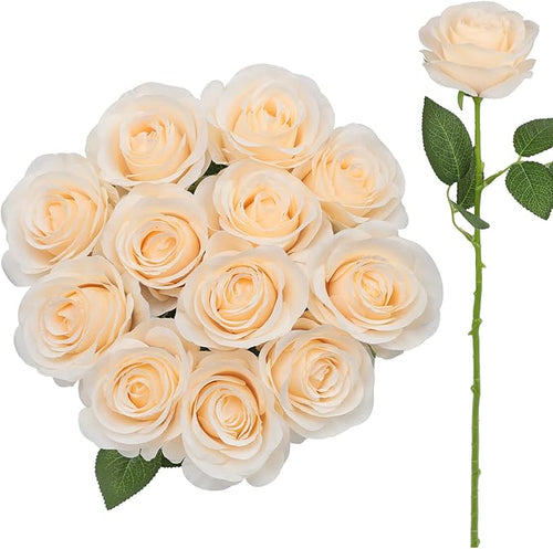 12pcs Roses Artificial Flowers Champagne Silk Roses with Long Stems Fake Flowers for Wedding Bouquet Centerpices Decorations Party Bridal Baby Shower Home Decor