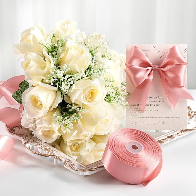 1-1/2 Inches 50 Yards Rose Gold Satin Ribbon, Solid Fabric Ribbon Roll for Flower Bouquets, Gift Wrapping, Wedding, Handmade Crafts