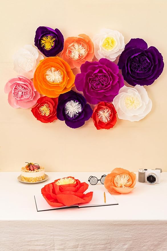 Crepe Paper Flowers Decoration for Wall, Artificial Flowers for Wedding Decor,Flower Backdrop Decor,Baby Shower,Birthday,Archway Decor, Nursery Wall Decor(White and Orange Red,Set/6)