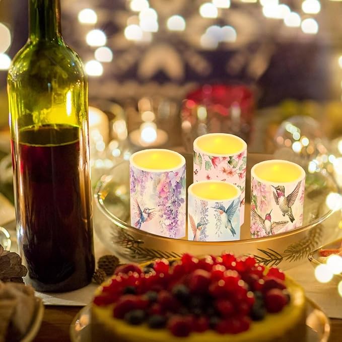 Watercolor Floral Hummingbird Flameless Candles Battery Powered LED Candles with Remote Timer Color Changing Control for Indoor Outdoor Home Decoration Set of 4