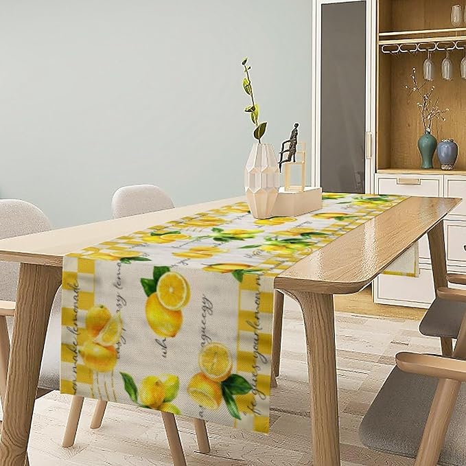 Lemon Table Runner , Summer Yellow Fruits Green Leaves Kitchen Dinning Table Decoration for Indoor Outdoor Home Party Decor 13x120 in