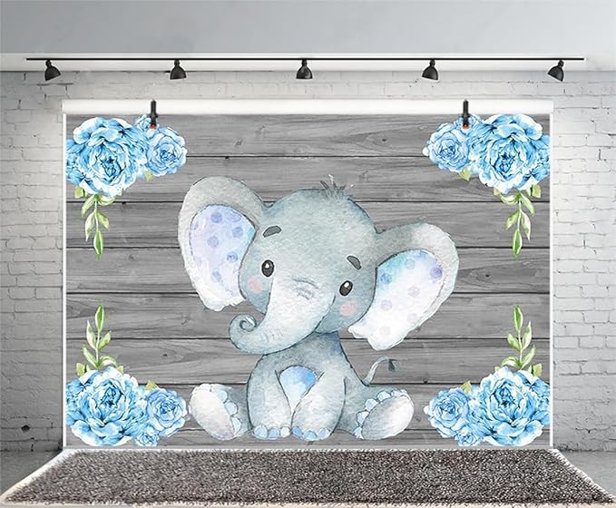 AOFOTO 5x3ft Cute Baby Elephant Backdrop Baby Shower Birthday Party Decoration Banner Photography Background Sweet Watercolor Flowers Grey Wood Cartoon Animal Newborn Infant Child Photos Studio Props