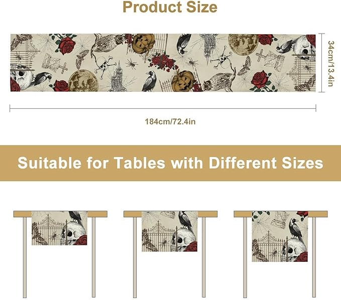 Gothic Floral Table Runner, Retro Dark Skull Crow Vintage Flower Halloween Pumpkin Witchy Coffee Table Center Decor for Home Kitchen Dining Patio Holiday Party Table Decorations 13x72 inches