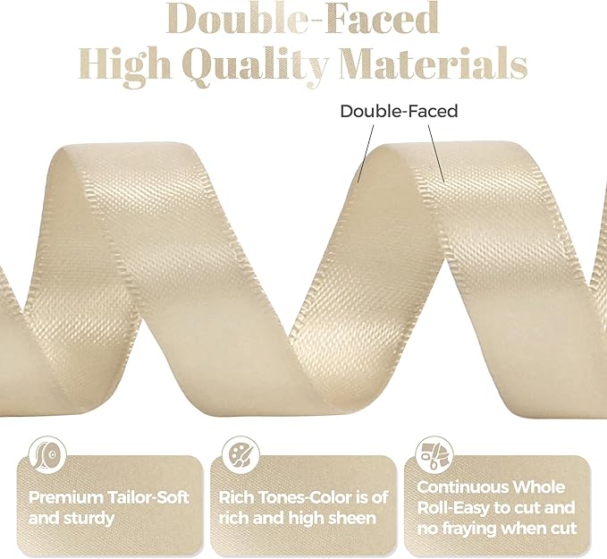 Beige Satin Ribbon, Double Faced 5/8 Inch X 50 Yards Beige Ribbon, Premium Satin Ribbon for Gift Wrapping, Crafts, Hair Bow Making, Sewing, Flower Bouquet, Wedding Party Decor