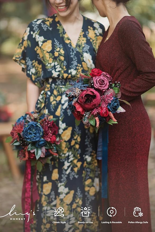 Ling's moment Terracotta Artificial Flowers Bridesmaid Bouquet Set of 4, Burgundy & Navy Blue Wedding Flowers Bouquets for Bridesmaids, 7 Inch Bridal Bouquets for Bridesmaids, Wedding, Ceremony