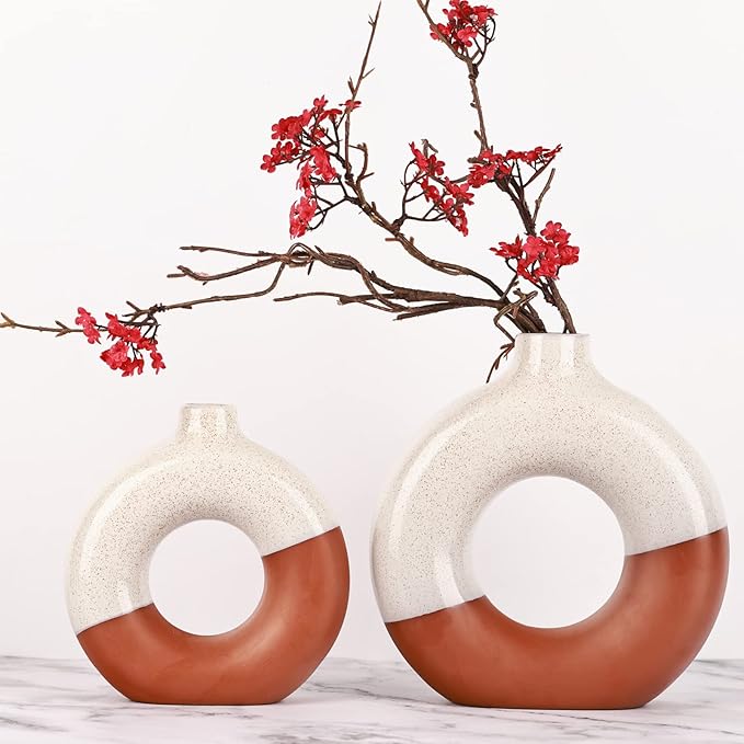 Terracotta Vase Decor Donut Vase Set of 2 - Circle Hollow Vases, Modern Matte Ceramic Vases for Entryway Living Room Bedroom Dining Table Centerpiece Office Home Decor