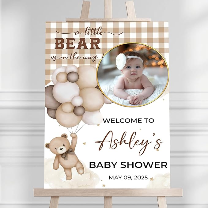Personalized Baby Shower Welcome Sign For Outdoor, Custom Bear And Balloon Baby Shower Yard Sign With Photo, A Little Bear Is On The Way Sign, Moon Star Decorations Theme