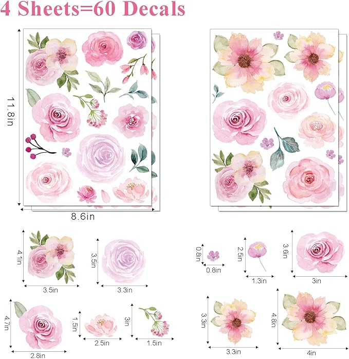 AOWDIAO 60 Pcs Flower Peel and Stick Wall Decals Watercolor Vinyl Peony Floral and Leaves Wall Stickers Pastel Flower Decor for Girls Bedroom Nursery Classroom Living Room