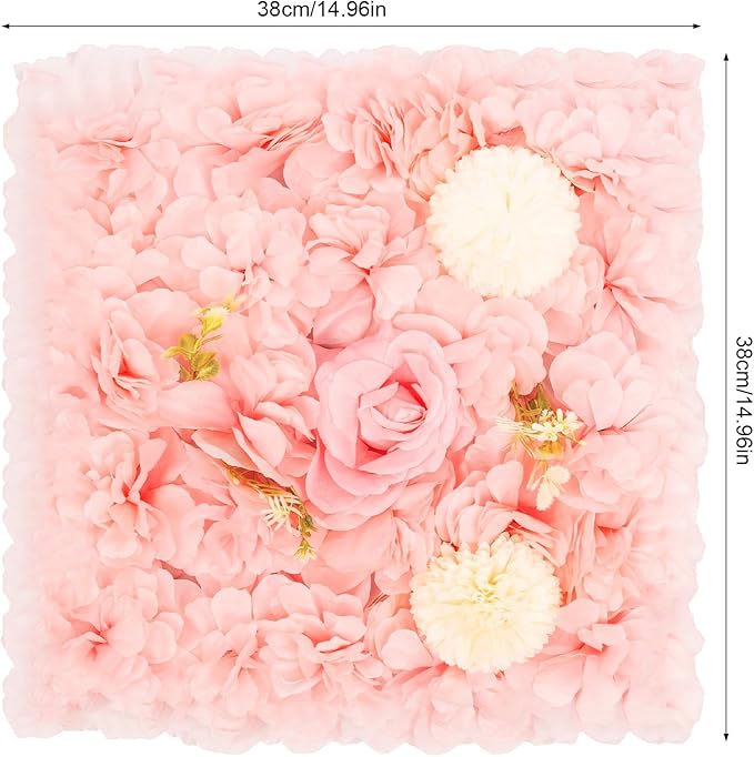 12pcs Artificial Flower Panels, 3D Floral Mat Silk Hydrangea Rose Floral Panel for Wedding Backdrop Wall Decor Shop Photo Backdrop, Festival & Event Wall Décor (15 x15in, Champagne Pink)