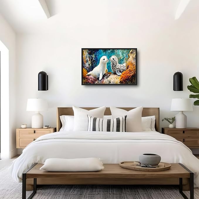 Extra Large Seal Framed Wall Art for Living Room,Oversized Underwater Animal Pictures Wall Decor,Ocean Coral Reef Canvas Print Painting Modern Artwork Bedroom Office Bathroom 36L x 24W
