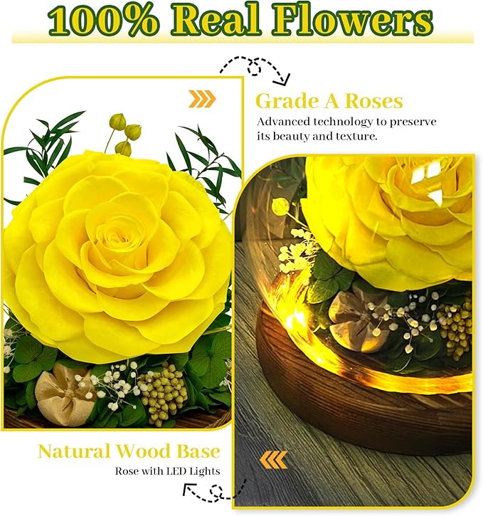 Preserved Rose Forever Flowers in Glass - Birthday Gifts for Women Mom, Real Flowers for Delivery Prime | Rose Gift for Grandma Wife Sister Friend (Yellow)