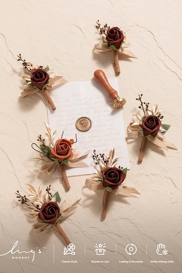 Ling's moment Boutonniere for Men, 6pcs Groom Groomsmen Boutonniere, Artificial Flowers for Wedding Decor/Prom/Homecoming, etc.Terracotta Orange