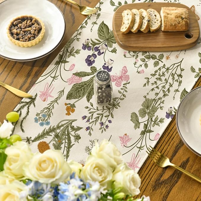 Artoid Mode Wildflowers Floral Spring Table Runner, Butterfly Seasonal Summer Kitchen Dining Table Decoration for Home Party Decor 13x48 Inch